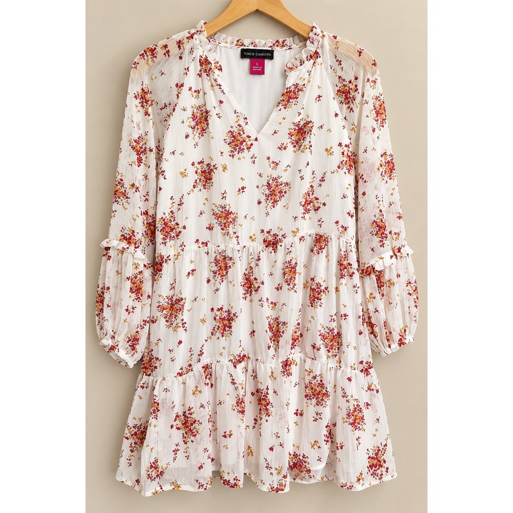 VINCE CAMUTO L Dress NEW $78 L/S Cottagecore Peasant Festival Boho Floral Lined